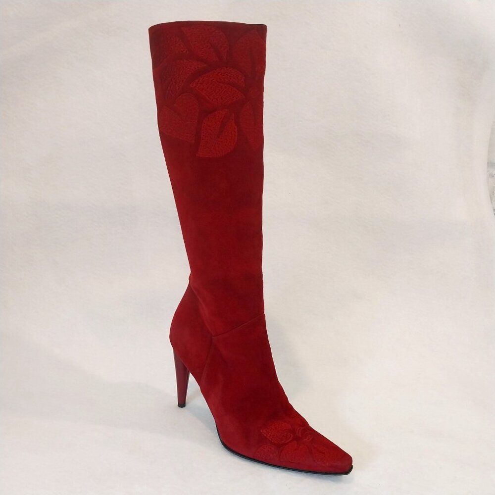 Stuart Weitzman Tall Boots Women 6.5 Red Suede Floral Embroidery Stiletto Pointy
